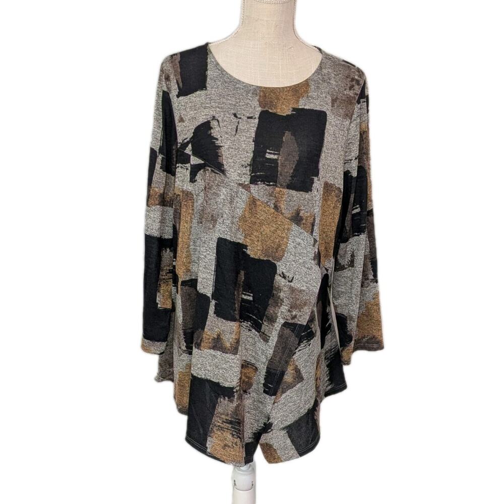 IC by Connie K Top Women 1X Gray Black Tunic USA Artsy Lagenlook Crossover
